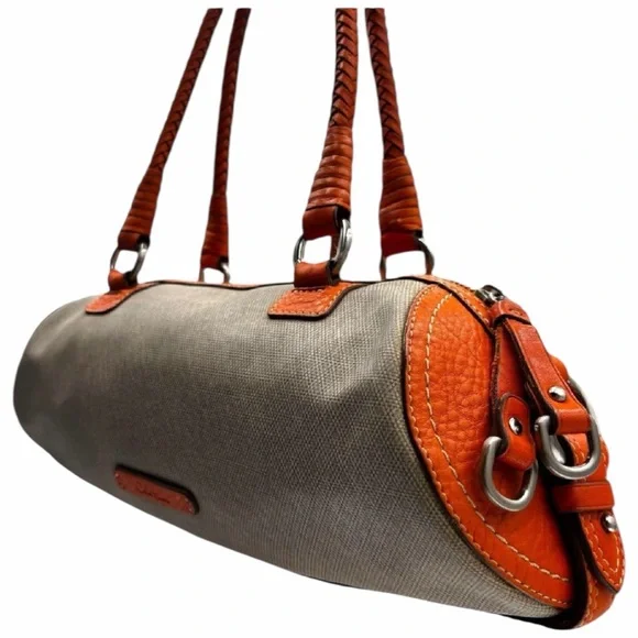 Cole Han Gray Canvas Orange Leather Barrel Satchel - Picture 3 of 16